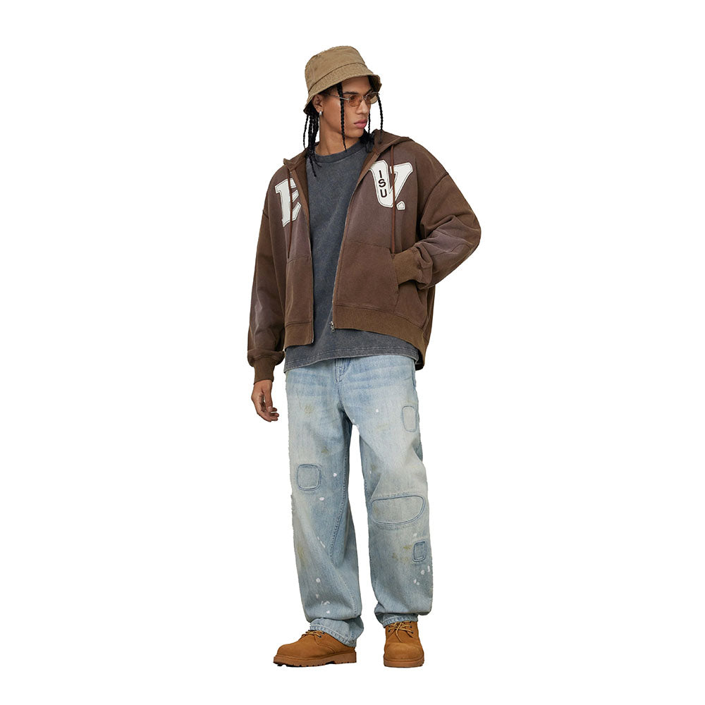 HEAVY WEIGHT WASHED EV AND SEAGULL PATCHES EMBROIDERY HOODIE